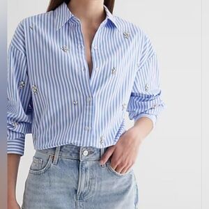 Express Bue Striped Button-Up Boyfriend Shirt with SILVER Embellishments